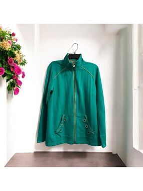 Quaker Factory Jacket Womens Medium Green & Gold Stretch Activewear Rhinestone